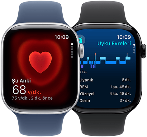 Birinde Kalp Atış Hızı uygulaması ekranındaki 68 v/dk bilgisi, diğerinde uyku apnesi bildirimi gösterilen iki Apple Watch Series 10