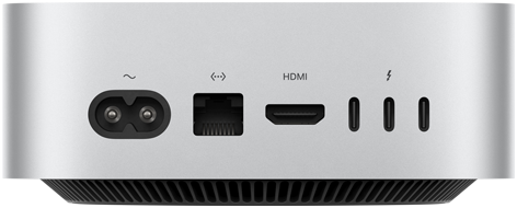 Arkadan görünen gümüş rengi Mac mini’nin bir adet HDMI, bir adet Ethernet ve üç adet Thunderbolt olmak üzere arka bağlantı noktaları görülüyor