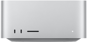 Mac Studio’nun önden görünümünde iki adet USB‑C bağlantı noktası ve bir adet SDXC kart okuyucusu bağlantı noktası