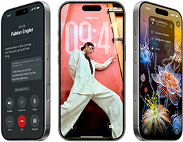 Yan yana duran 3 adet iPhone 17 modelinin önden görünümü, iOS 26’nın Liquid Glass efekti ve Apple Intelligence özelliği gösteriliyor