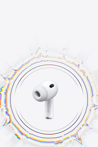 Dairesel bir ses dalgasıyla çevrelenen silikon kulaklık ucu takılmış AirPods Pro 3 kablosuz kulaklık