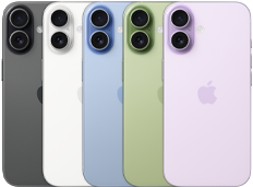 iPhone 17, arkadan dış görünüm, Fusion çift kamera sistemi, üst üste gelen beş renk seçeneği: Siyah, Beyaz, Ada Çayı, Sis Mavisi ve Lavanta
