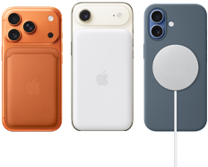 iPhone 17 Pro, arkadan dış görünüm, Kozmik Turuncu renk, Sienna renkte Silikon Kılıf ve Tilki Turuncusu renginde MagSafe özellikli Mikro Dokuma Cüzdan; iPhone Air, arkadan dış görünüm, Pamuk Beyazı renk, MagSafe Pil ile; iPhone 17, arkadan dış görünüm, Sis Mavisi renk, Demir Mavisi renkte Silikon Kılıf ve MagSafe Şarj Aygıtı ile