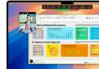 macOS’in Microsoft Excel ve Zoom ile uyumluluğunu göstermek üzere 16 inç MacBook Pro’da aktif hâlde kullanılan grafikler, şekiller ve bir video görüşmesinin görseli.