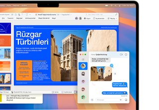 Mac’in kullanıcı dostu tasarımını ve iPhone’a benzerliğini göstermek üzere 13 inç MacBook Air’de açık duran bir Microsoft Word dosyasına, Mesajlar uygulamasından yerleştirilen bir fotoğrafın görseli.