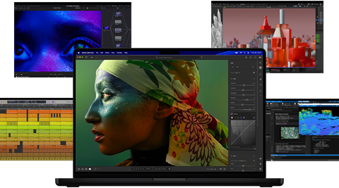 Mac’teki müzik prodüksiyonu, video düzenleme, 3D animasyon ve fotoğraf düzenleme uygulamalarından çeşitli ve rengarenk ekran içerikleriyle güçlü grafik performansı gösteriliyor