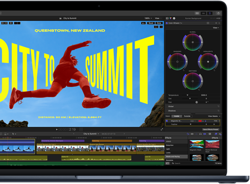 M5 çipin becerilerini göstermek için video düzenleme yapılan MacBook Air ekranının kısmi görünümü