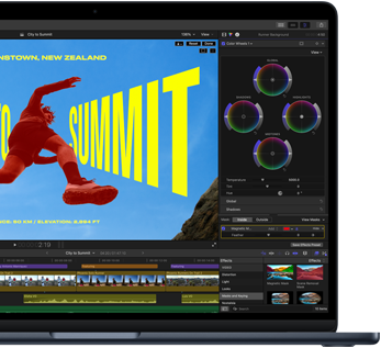 M5 çipin becerilerini göstermek için video düzenleme yapılan MacBook Air ekranının kısmi görünümü