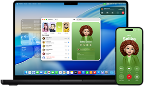 14 inç MacBook Pro ve iPhone 16; kişilerden Luis adlı biri iPhone ile aranırken MacBook Pro’daki Telefon uygulamasında aynı aramanın yapıldığı gösteriliyor