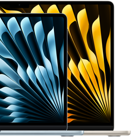 İki adet MacBook Air laptopun birbirlerine oranla ekran boyutları gösteriliyor: 13.6 inç ve 15.3 inç, diyagonal ölçüm