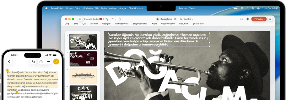 iPhone 16 Plus’ta Notlar uygulaması açık ve bir metin seçili, MacBook Air’de bir Keynote slaytı açık, Notlar uygulamasındaki metin slaytta görülüyor
