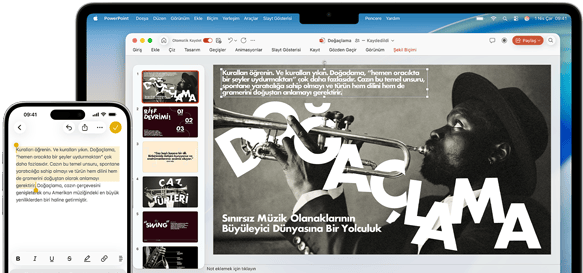 iPhone 16 Plus’ta Notlar uygulaması açık ve bir metin seçili, MacBook Air’de bir Keynote slaytı açık, Notlar uygulamasındaki metin slaytta görülüyor