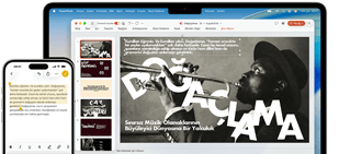 iPhone 16 Plus’ta Notlar uygulaması açık ve bir metin seçili, MacBook Air’de bir Keynote slaytı açık, Notlar uygulamasındaki metin slaytta görülüyor
