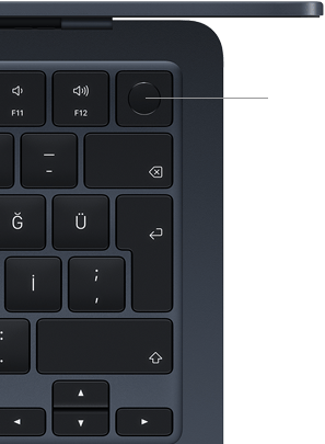 MacBook Air klavyesi, sağ üst köşede Touch ID düğmesinin yeri gösteriliyor