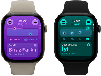 İki adet Apple Watch Series 12 aygıtı: alüminyum kasa, uçuk altın rengi, Gündüz Yaşam Bulguları Biraz Farklı, Digital Crown, kum beji renk Spor Kordon, alüminyum kasa, siyah renk, Gece Boyu Ölçülen Yaşam Bulguları İyi, Digital Crown, siyah Spor Kordon