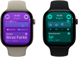 İki adet Apple Watch Series 12 aygıtı: alüminyum kasa, uçuk altın rengi, Gündüz Yaşam Bulguları Biraz Farklı, Digital Crown, kum beji renk Spor Kordon, alüminyum kasa, siyah renk, Gece Boyu Ölçülen Yaşam Bulguları İyi, Digital Crown, siyah Spor Kordon