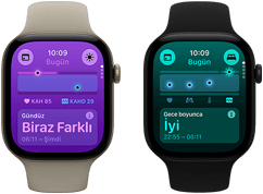 İki adet Apple Watch Series 12 aygıtı: alüminyum kasa, uçuk altın rengi, Gündüz Yaşam Bulguları Biraz Farklı, Digital Crown, kum beji renk Spor Kordon, alüminyum kasa, siyah renk, Gece Boyu Ölçülen Yaşam Bulguları İyi, Digital Crown, siyah Spor Kordon