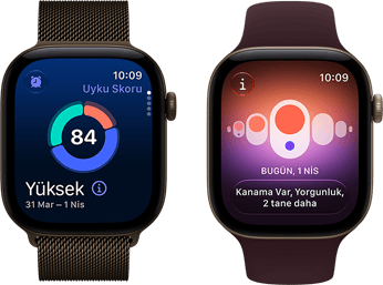 Apple Watch Series 12, alüminyum kasa, koyu bronz renk, uyku skoru halkasının grafiği, Digital Crown, Milano Loop kordon, koyu bronz renk
