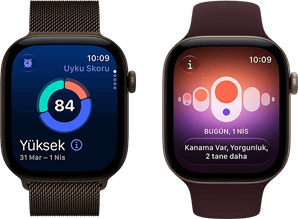 Apple Watch Series 12, alüminyum kasa, koyu bronz renk, uyku skoru halkasının grafiği, Digital Crown, Milano Loop kordon, koyu bronz renk