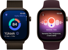 Apple Watch Series 12, alüminyum kasa, koyu bronz renk, uyku skoru halkasının grafiği, Digital Crown, Milano Loop kordon, koyu bronz renk