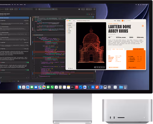 Studio Display XDR, ekranda XCode’da Claude Agent ile işlenmekte olan bir belge gösteriliyor, Mac Studio, önden görünüm