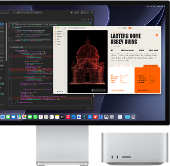 Studio Display XDR, ekranda XCode’da Claude Agent ile işlenmekte olan bir belge gösteriliyor, Mac Studio, önden görünüm