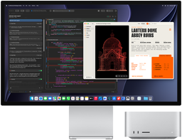 Studio Display XDR, ekranda XCode’da Claude Agent ile işlenmekte olan bir belge gösteriliyor, Mac Studio, önden görünüm