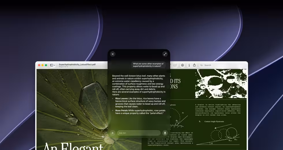 Siri ve Görsel Zeka demosu, Mac ekranında bir kullanıcının PDF’deki konuyla ilgili sorgusu gösteriliyor, Doğadaki diğer süperhidrofobiklik örnekleri nelerdir?, Siri yanıtı
