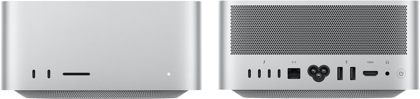Mac Studio, önden görünüm, iki adet USB-C bağlantı noktası, SDXC kart yuvası, durum göstergesi ışığı, altta konik tasarımlı taban, düz üst yüzey, yuvarlatılmış köşeler, düz kenarlar, gümüş rengi, Mac Studio, arkadan görünüm, delikli alüminyum hava çıkışı, dört adet Thunderbolt 5 bağlantı noktası, bir adet Ethernet, bir adet güç soketi, iki adet USB-A, bir adet HDMI, bir adet kulaklık jakı ve güç düğmesi