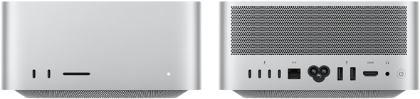 Mac Studio, önden görünüm, iki adet USB-C bağlantı noktası, SDXC kart yuvası, durum göstergesi ışığı, altta konik tasarımlı taban, düz üst yüzey, yuvarlatılmış köşeler, düz kenarlar, gümüş rengi, Mac Studio, arkadan görünüm, delikli alüminyum hava çıkışı, dört adet Thunderbolt 5 bağlantı noktası, bir adet Ethernet, bir adet güç soketi, iki adet USB-A, bir adet HDMI, bir adet kulaklık jakı ve güç düğmesi
