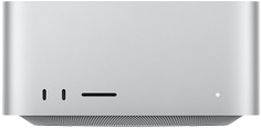 Mac Studio, önden görünüm, iki adet USB-C bağlantı noktası, SDXC kart yuvası, durum göstergesi ışığı, altta konik tasarımlı taban, düz üst yüzey, yuvarlatılmış köşeler, düz kenarlar, gümüş rengi, Mac Studio, arkadan görünüm, delikli alüminyum hava çıkışı, dört adet Thunderbolt 5 bağlantı noktası, bir adet Ethernet, bir adet güç soketi, iki adet USB-A, bir adet HDMI, bir adet kulaklık jakı ve güç düğmesi