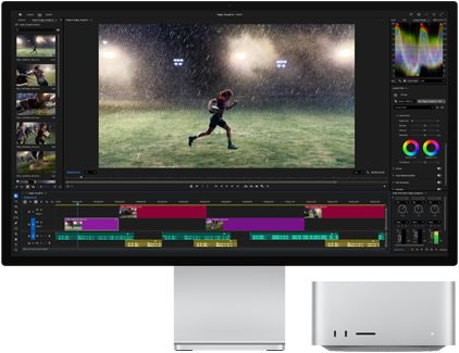 Yerleşik standa sahip Studio Display XDR, Mac Studio ekranın altına rahatlıkla sığıyor, ekranda video düzenleme ve renk düzenleme araçları iş akışı gösteriliyor