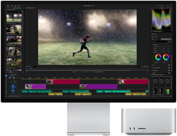 Yerleşik standa sahip Studio Display XDR, Mac Studio ekranın altına rahatlıkla sığıyor, ekranda video düzenleme ve renk düzenleme araçları iş akışı gösteriliyor