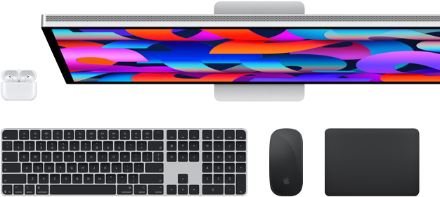AirPods, Touch ID özellikli Magic Keyboard, Magic Mouse, Magic Trackpad ve Studio Display dahil aksesuar ve aygıt koleksiyonu