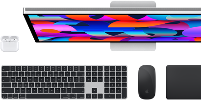 AirPods, Touch ID özellikli Magic Keyboard, Magic Mouse, Magic Trackpad ve Studio Display dahil aksesuar ve aygıt koleksiyonu