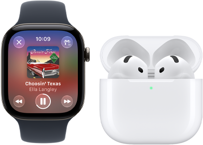 Apple Watch Series 12, alüminyum kasa, siyah renk, siyah Spor Kordon, Apple Music uygulaması açık, AirPods 4 ile eşleştirilmiş