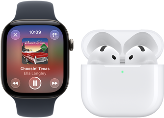 Apple Watch Series 12, alüminyum kasa, siyah renk, siyah Spor Kordon, Apple Music uygulaması açık, AirPods 4 ile eşleştirilmiş