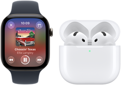 Apple Watch Series 12, alüminyum kasa, siyah renk, siyah Spor Kordon, Apple Music uygulaması açık, AirPods 4 ile eşleştirilmiş