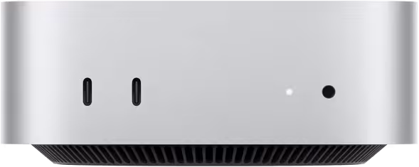 Mac mini, önden görünüm, iki adet Thunderbolt bağlantı noktası, durum göstergesi ışığı ve kulaklık jakı, altta konik tasarımlı siyah taban, düz üst yüzey, yuvarlatılmış köşeler, düz kenarlar, gümüş rengi