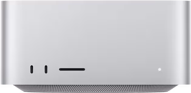 Mac Studio, önden görünüm, iki adet USB-C bağlantı noktası, SDXC kart yuvası, durum göstergesi ışığı, altta konik tasarımlı taban, düz üst yüzey, yuvarlatılmış köşeler, düz kenarlar, gümüş rengi