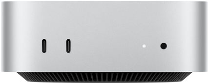 Mac mini, önden görünüm, iki adet Thunderbolt bağlantı noktası, durum göstergesi ışığı ve kulaklık jakı, altta konik tasarımlı siyah taban, düz üst yüzey, yuvarlatılmış köşeler, düz kenarlar, gümüş rengi