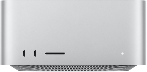Mac Studio, önden görünüm, iki adet USB-C bağlantı noktası, SDXC kart yuvası, durum göstergesi ışığı, altta konik tasarımlı taban, düz üst yüzey, yuvarlatılmış köşeler, düz kenarlar, gümüş rengi