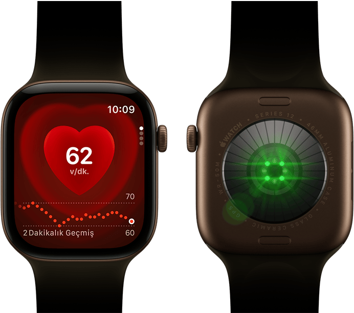 İki adet Apple Watch Series 12 aygıtı, alüminyum kasa, klasik zeytin yeşili Spor Kordon takılı koyu bronz renk, aygıtlardan birinde Kalp Atış Hızı uygulaması, diğerinde ise saatin arkasındaki Sağlık Verisi Algılama Sistemi ve parlak yeşil LED ışıklar gösteriliyor