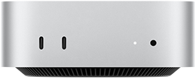 Mac mini, önden görünüm, iki adet Thunderbolt bağlantı noktası, durum göstergesi ışığı ve kulaklık jakı, altta konik tasarımlı siyah taban, düz üst yüzey, yuvarlatılmış köşeler, düz kenarlar, gümüş rengi