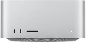 Mac Studio, önden görünüm, iki adet USB-C bağlantı noktası, SDXC kart yuvası, durum göstergesi ışığı, altta konik tasarımlı taban, düz üst yüzey, yuvarlatılmış köşeler, düz kenarlar, gümüş rengi