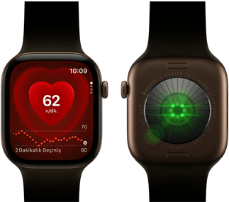 İki adet Apple Watch Series 12 aygıtı, alüminyum kasa, klasik zeytin yeşili Spor Kordon takılı koyu bronz renk, aygıtlardan birinde Kalp Atış Hızı uygulaması, diğerinde ise saatin arkasındaki Sağlık Verisi Algılama Sistemi ve parlak yeşil LED ışıklar gösteriliyor