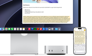 Mac mini’nin önden görünümü, Studio Display’in altına yerleştirilmiş, aygıtın ve ekranın sağ tarafında bir iPhone duruyor, iPhone’da seçili metnin üzerinde kes, kopyala, yapıştır ve AutoFill komutları görülüyor ve seçili metnin aynısı ekranda da gösteriliyor, Evrensel Pano özelliği vurgulanıyor
