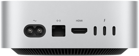 Mac mini, arkadan görünüm, güç soketi, Ethernet bağlantı noktası, HDMI bağlantı noktası, üç adet Thunderbolt bağlantı noktası