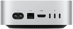 Mac mini, arkadan görünüm, güç soketi, Ethernet bağlantı noktası, HDMI bağlantı noktası, üç adet Thunderbolt bağlantı noktası