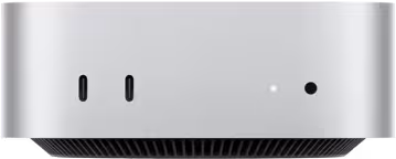 Mac mini, önden görünüm, iki adet Thunderbolt bağlantı noktası, durum göstergesi ışığı ve kulaklık jakı, altta konik tasarımlı siyah taban, düz üst yüzey, yuvarlatılmış köşeler, düz kenarlar, gümüş rengi